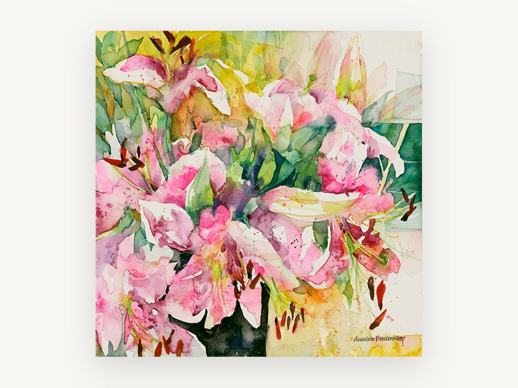 Pink Lily Bouquet, floral canvas wall art print, front view