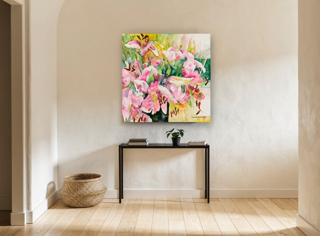 Pink Lily Bouquet floral canvas print on the wall of a hallway