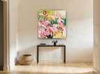 Pink Lily Bouquet floral canvas print on the wall of a hallway