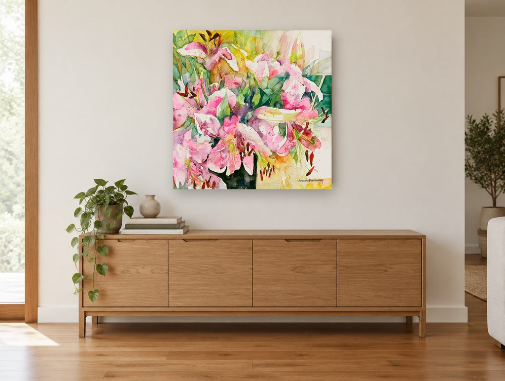 Pink Lily Bouquet floral canvas print on the wall of a living room above a sideboard