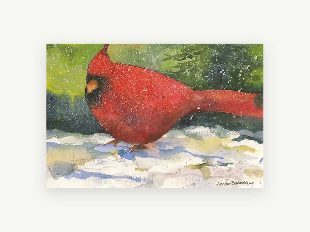 Snowbound Red Cardinal, red cardinal in snow watercolour, landscape canvas wall art print, front view