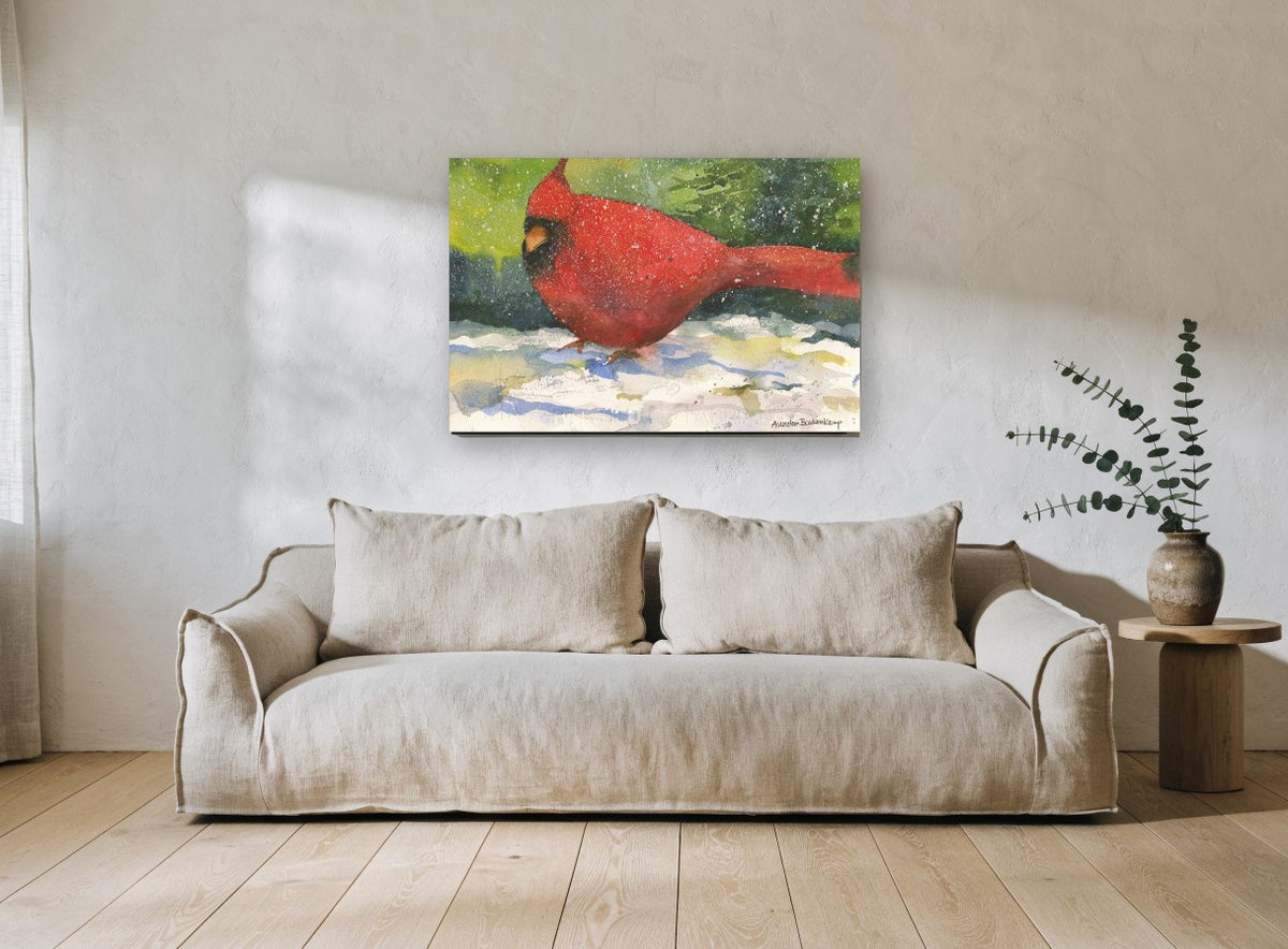 Snowbound Red Cardinal landscape canvas print on the wall of a living room