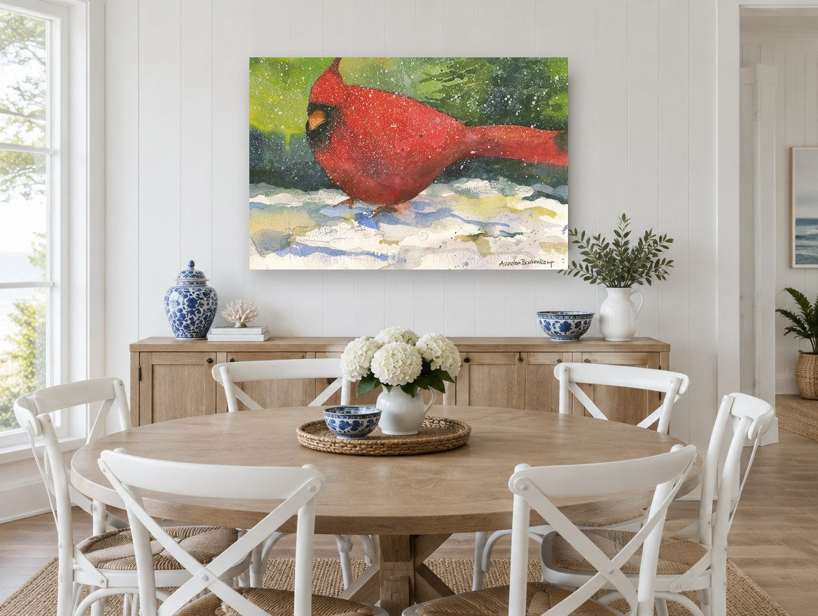 Snowbound Red Cardinal landscape canvas print on the wall of a Hamptons dining room
