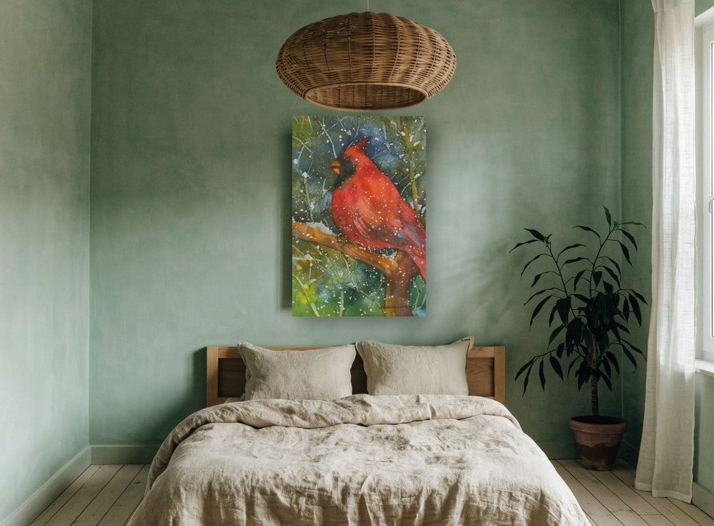 Snowfall Cardinal animal canvas print on the wall of a bedroom