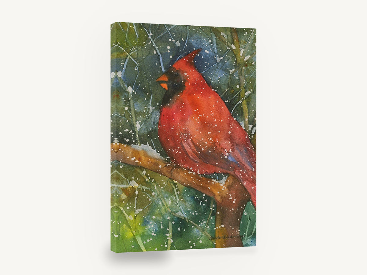 Snowfall Cardinal, red cardinal watercolour bird portrait, animal canvas wall art print ready to hang
