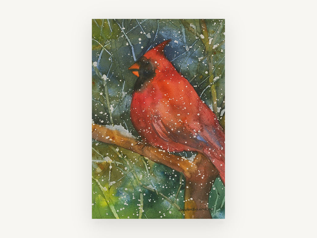 Snowfall Cardinal, red cardinal watercolour bird portrait, animal canvas wall art print, front view