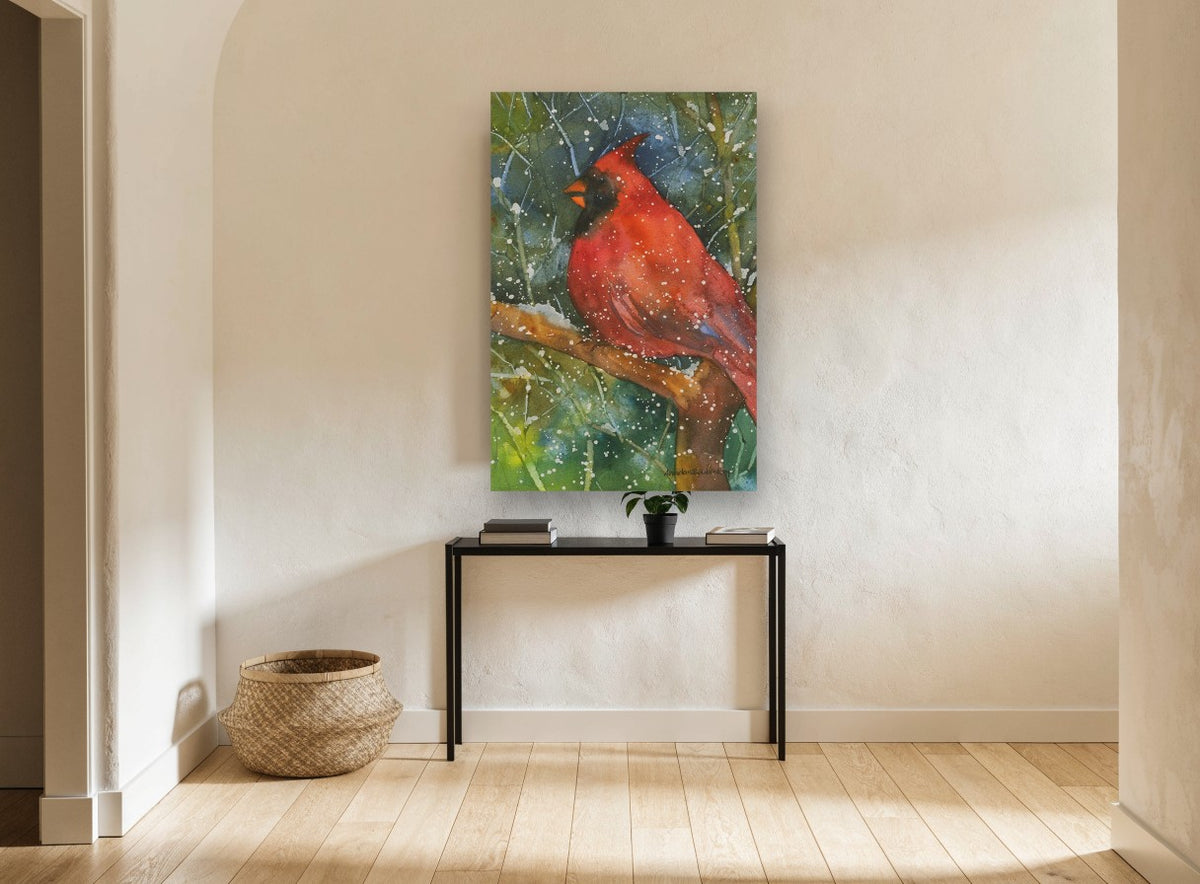 Snowfall Cardinal animal canvas print on the wall of a hallway