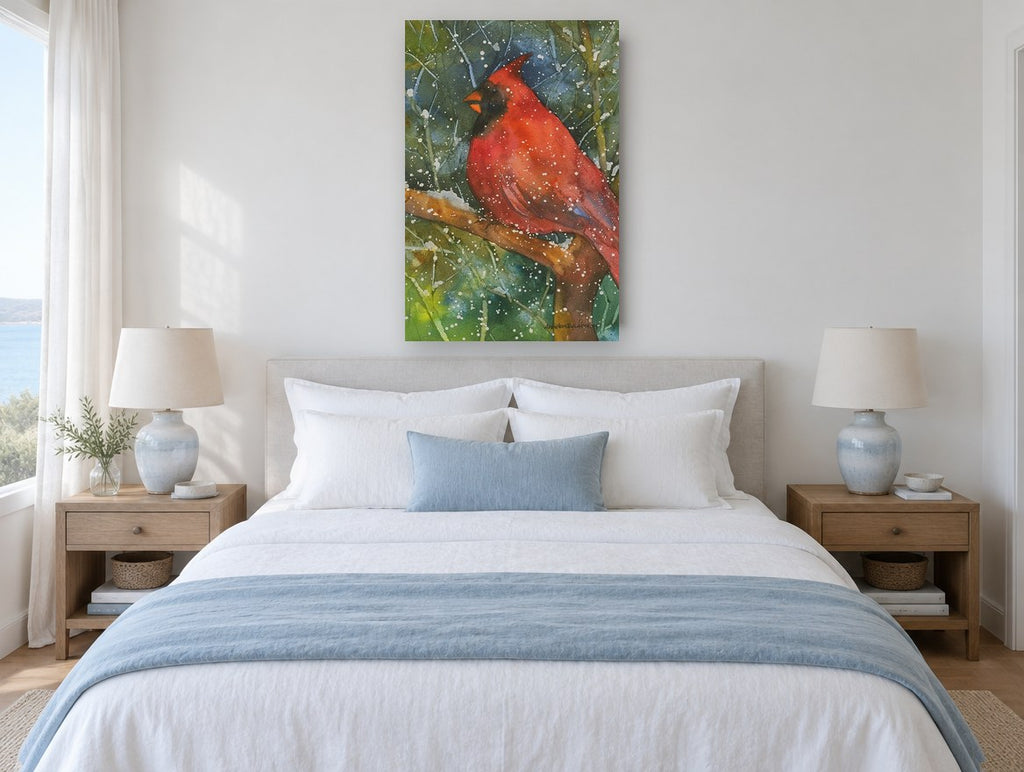Snowfall Cardinal animal canvas print on the wall of a bedroom