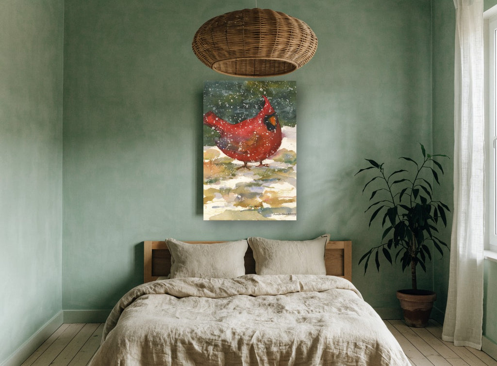 Cardinal in Falling Snow animal canvas print on the wall of a bedroom
