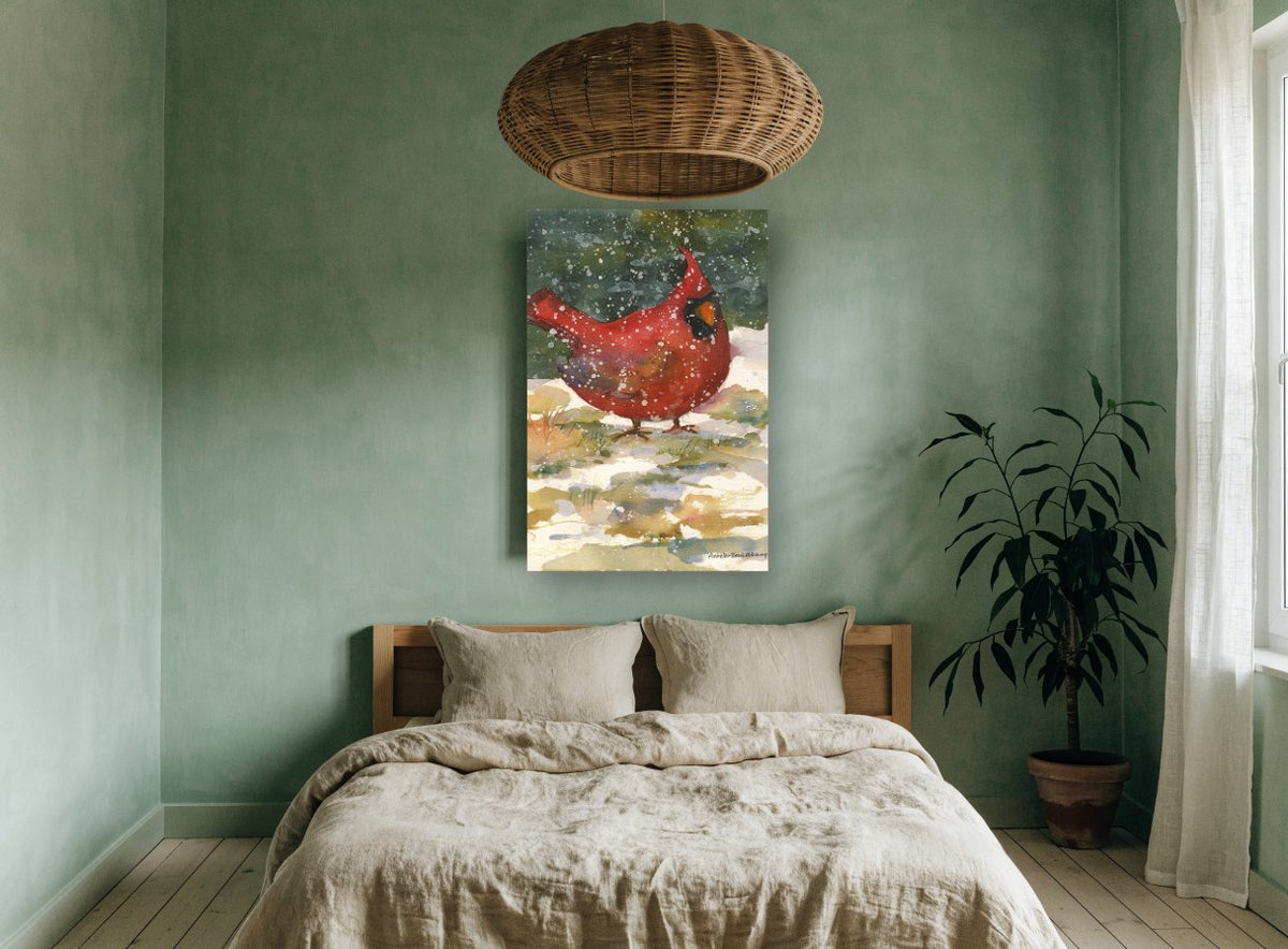 Cardinal in Falling Snow animal canvas print on the wall of a bedroom