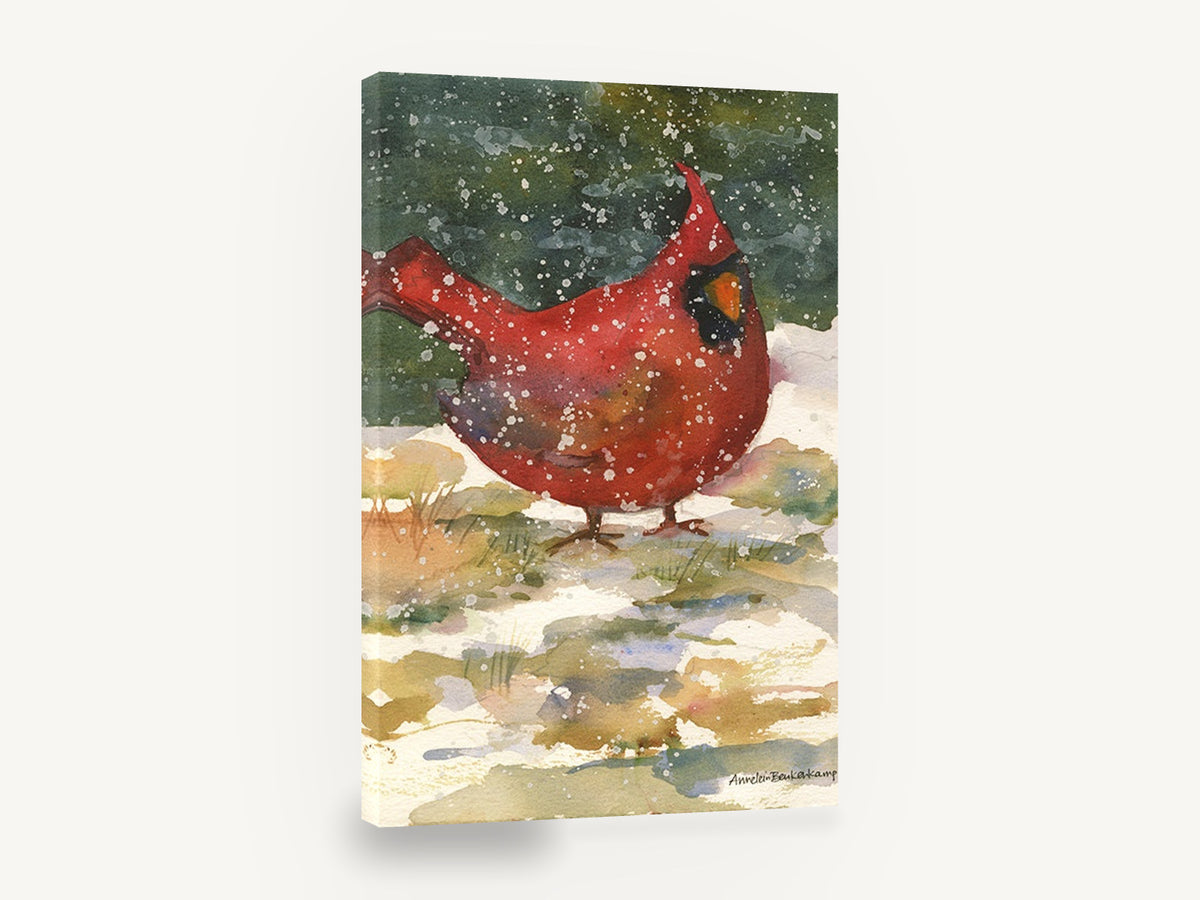 Cardinal in Falling Snow, red cardinal snow watercolour, animal canvas wall art print ready to hang