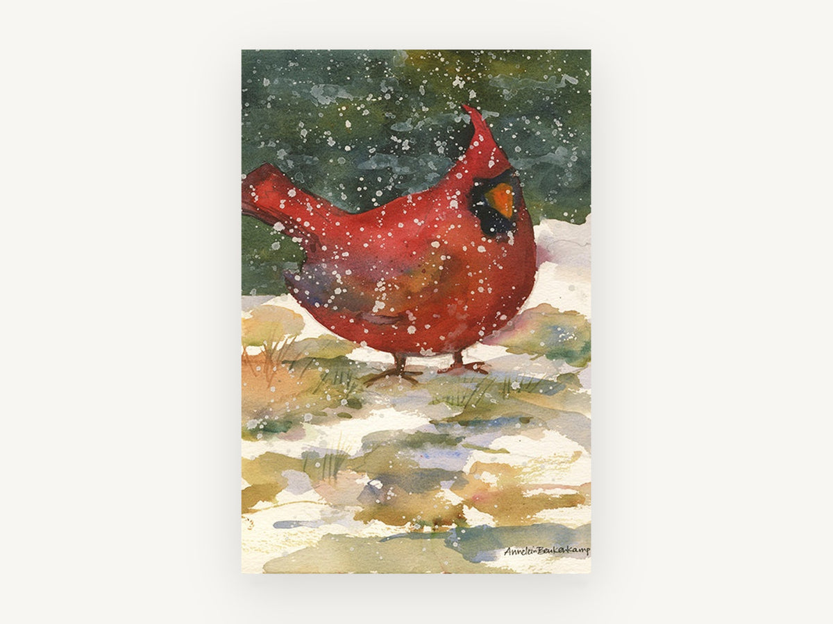Cardinal in Falling Snow, red cardinal snow watercolour, animal canvas wall art print, front view