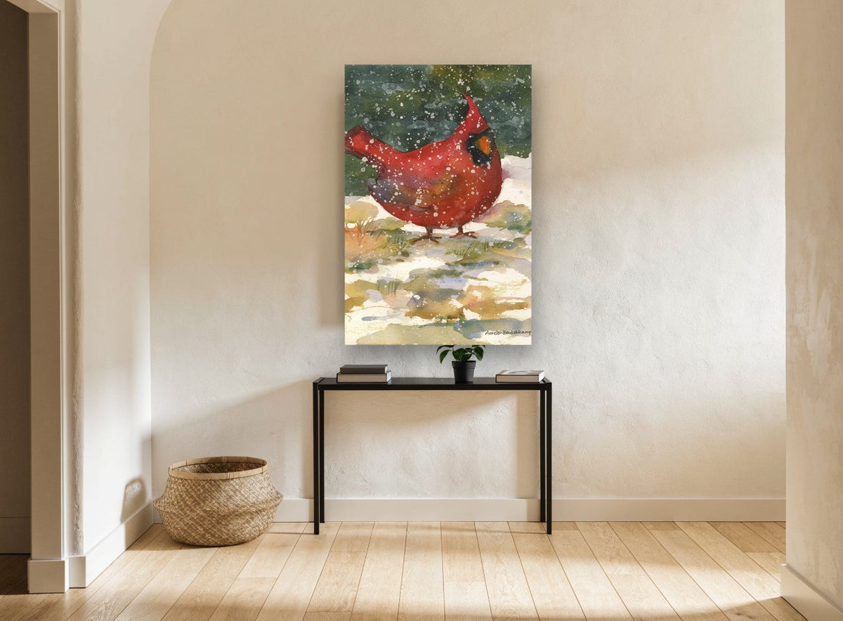 Cardinal in Falling Snow animal canvas print on the wall of a hallway