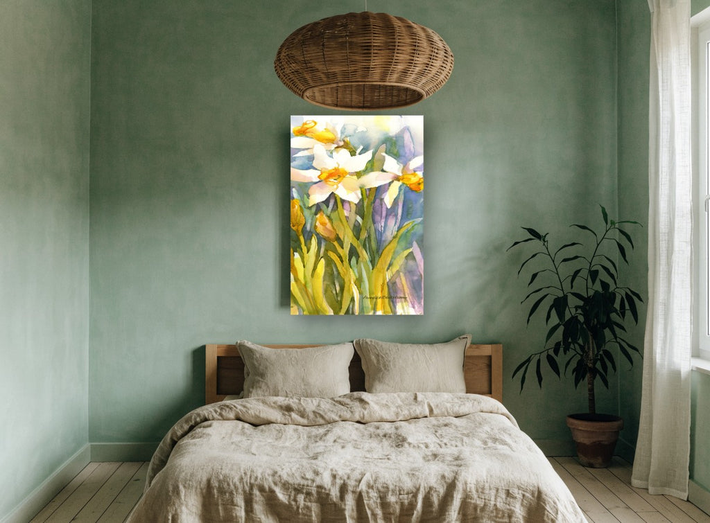 Daffodils in Soft Light floral canvas print on the wall of a bedroom