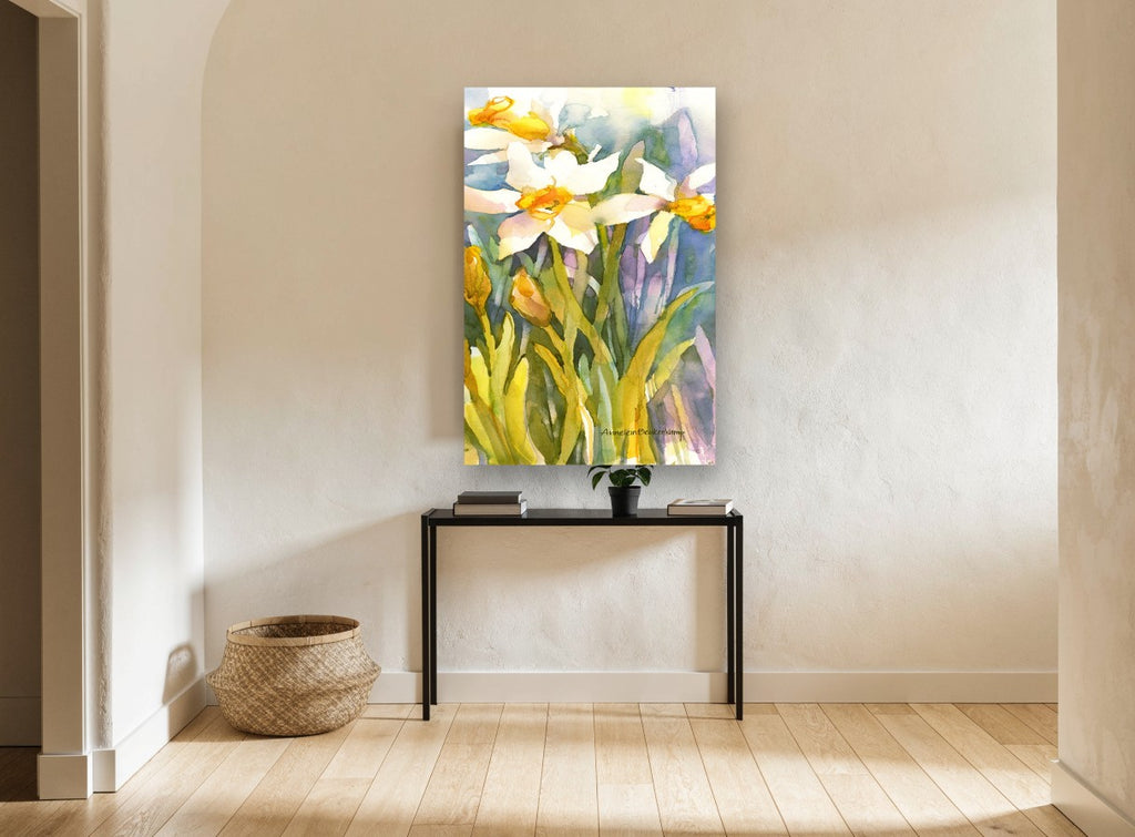 Daffodils in Soft Light floral canvas print on the wall of a hallway