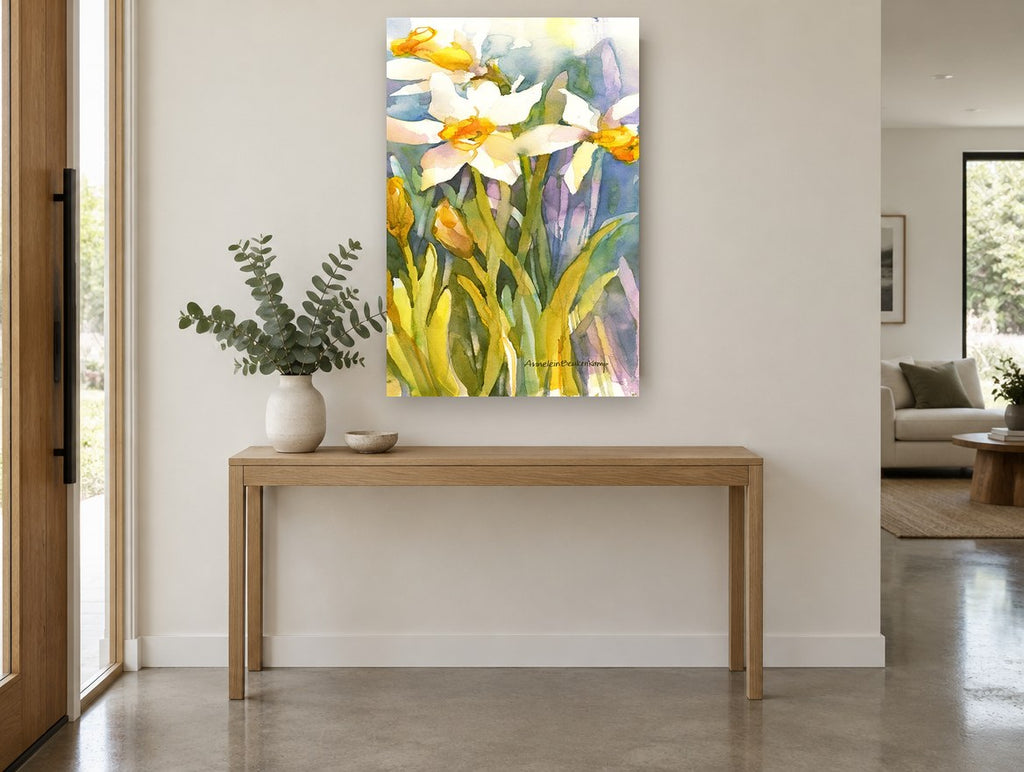Daffodils in Soft Light floral canvas print on the wall of a entry hall