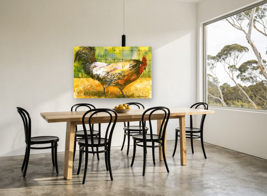Rooster by the Wire landscape canvas print on the wall of a dining room