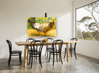 Rooster by the Wire landscape canvas print on the wall of a dining room