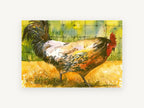 Rooster by the Wire, watercolour rooster farmyard fence, landscape canvas wall art print, front view