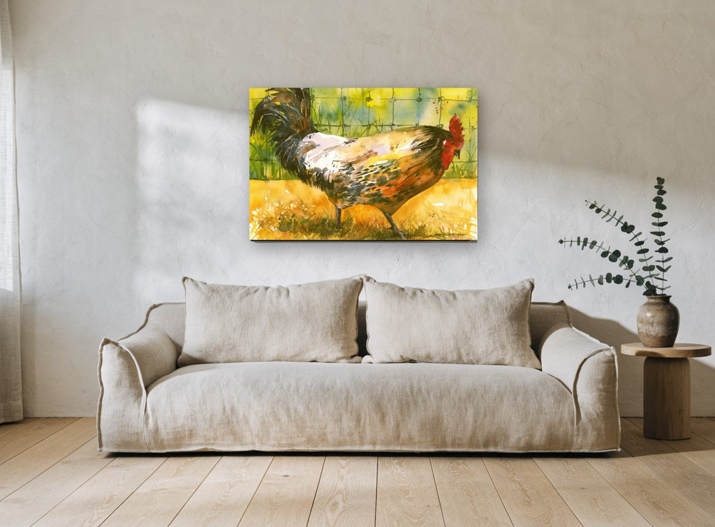 Rooster by the Wire landscape canvas print on the wall of a living room