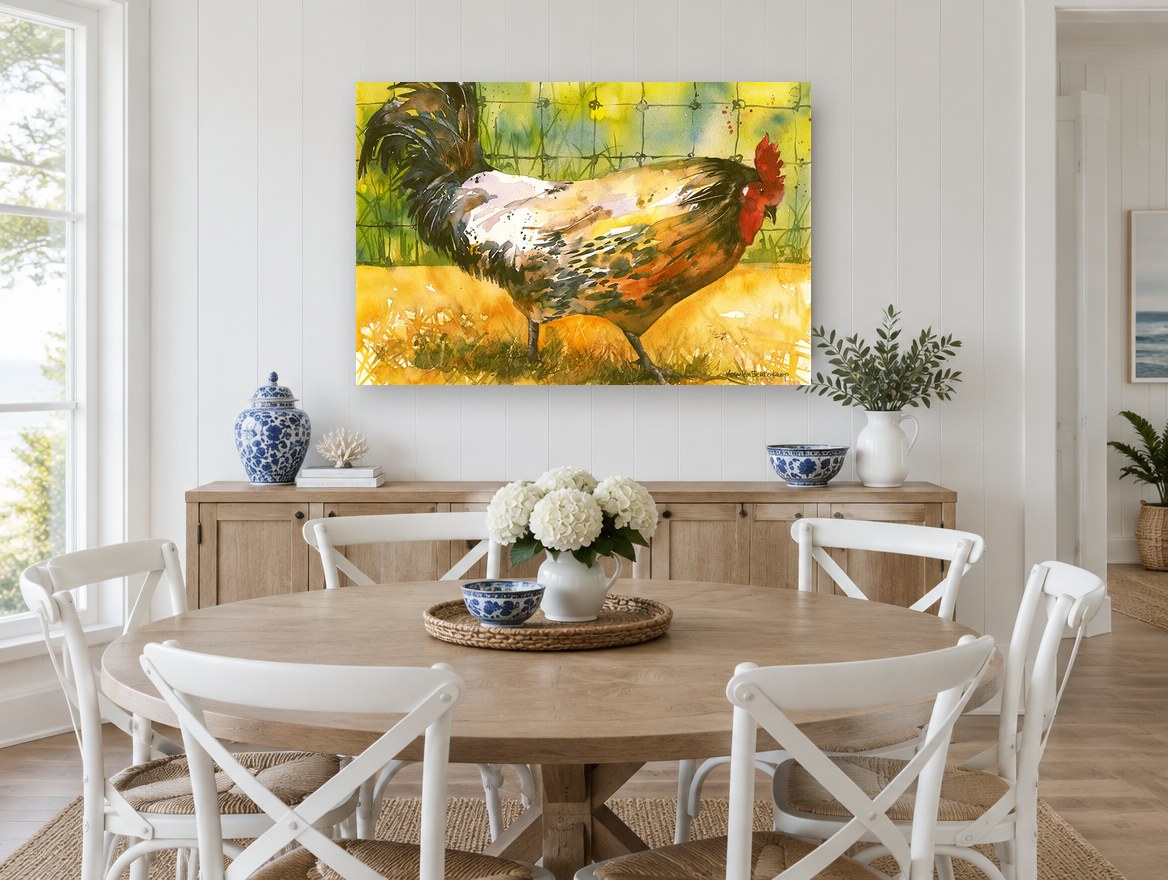 Rooster by the Wire landscape canvas print on the wall of a Hamptons dining room