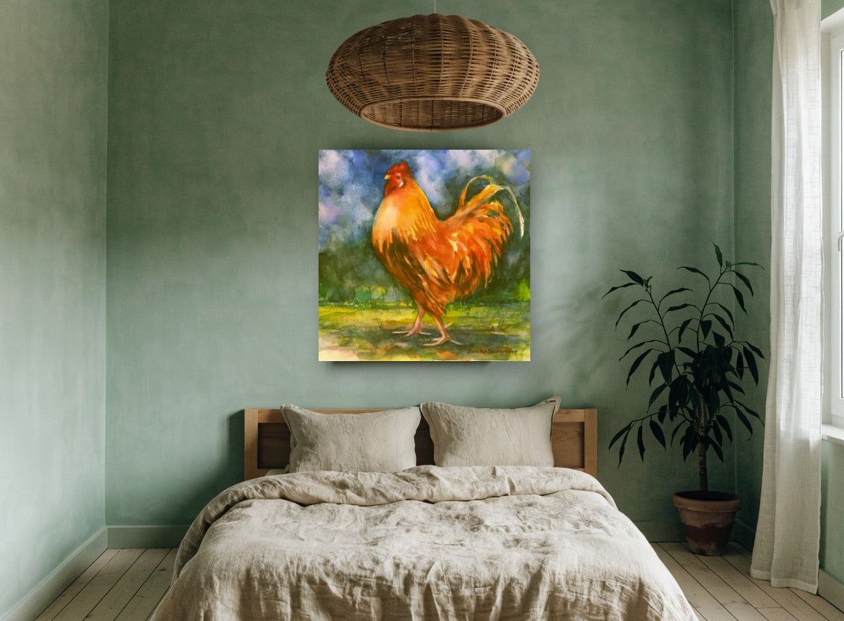 Strutting Amber Rooster animal canvas print on the wall of a bedroom