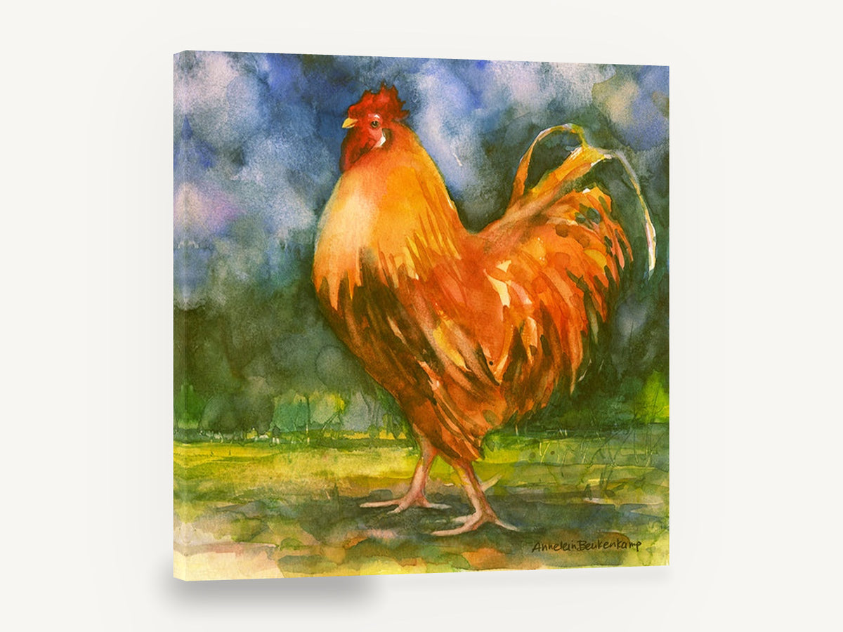 Strutting Amber Rooster, orange rooster watercolour portrait, animal canvas wall art print ready to hang
