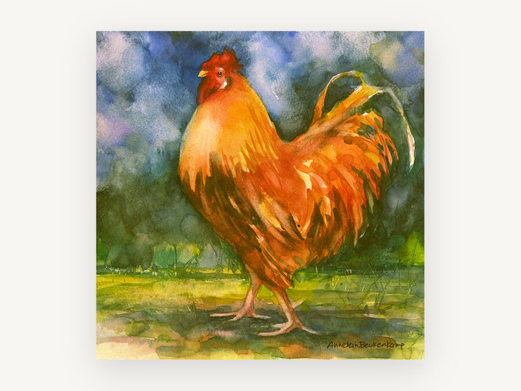 Strutting Amber Rooster, orange rooster watercolour portrait, animal canvas wall art print, front view