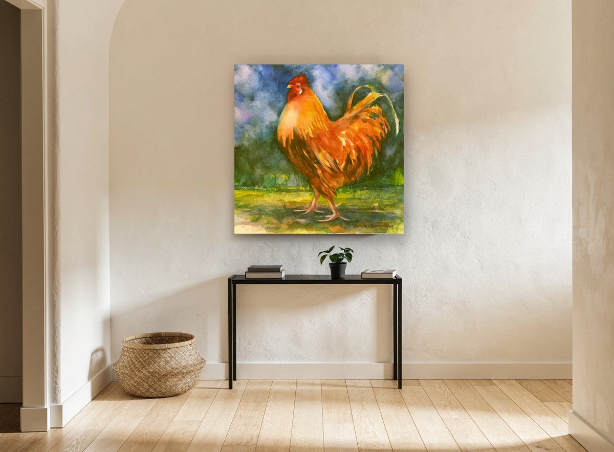 Strutting Amber Rooster animal canvas print on the wall of a hallway