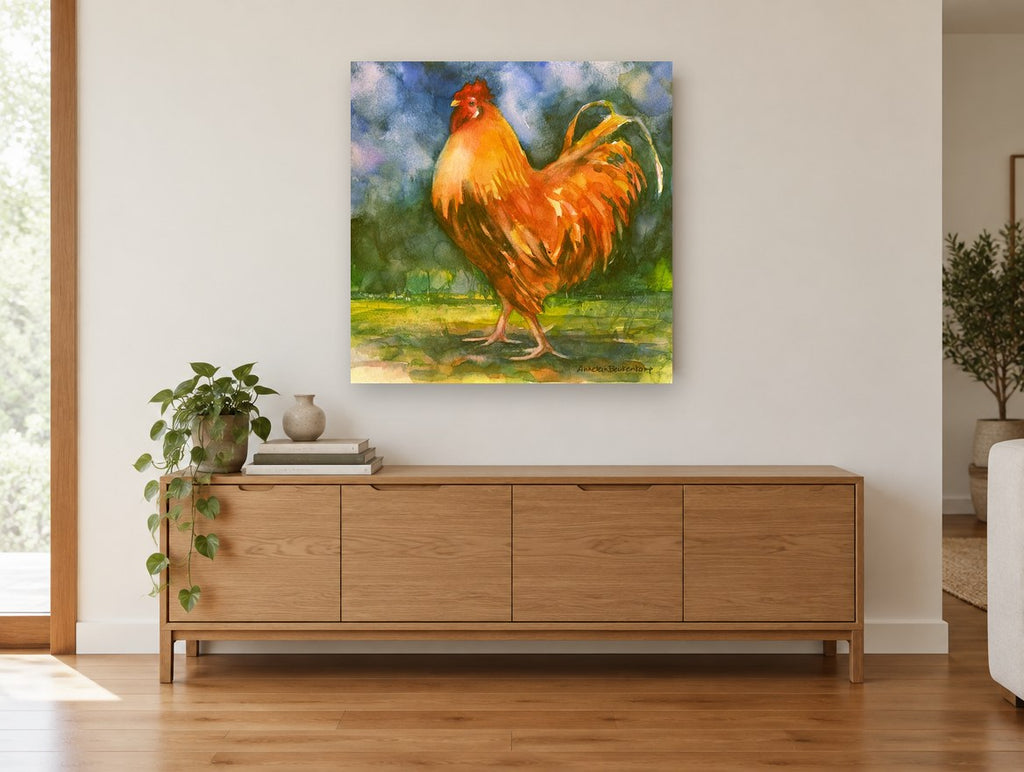 Strutting Amber Rooster animal canvas print on the wall of a living room above a sideboard