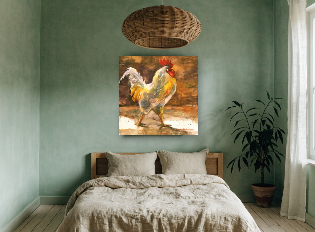 Barnyard Rooster Strut animal canvas print on the wall of a bedroom