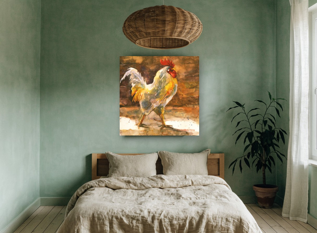 Barnyard Rooster Strut animal canvas print on the wall of a bedroom
