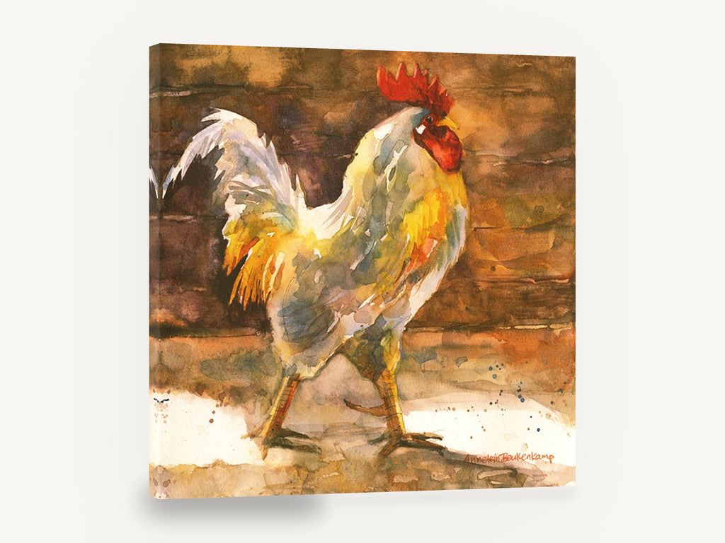 Barnyard Rooster Strut, rooster watercolour barn portrait, animal canvas wall art print ready to hang
