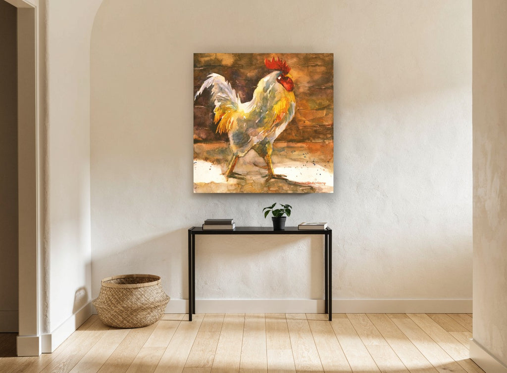 Barnyard Rooster Strut animal canvas print on the wall of a hallway