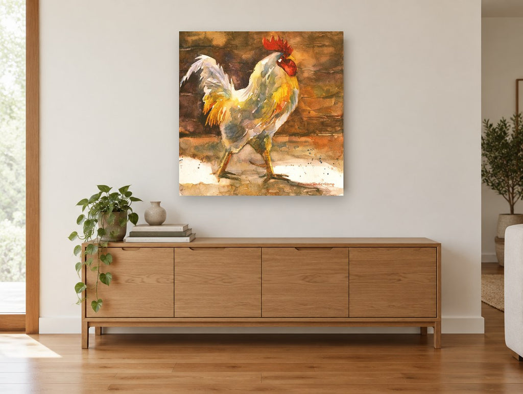 Barnyard Rooster Strut animal canvas print on the wall of a living room above a sideboard