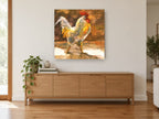 Barnyard Rooster Strut animal canvas print on the wall of a living room above a sideboard