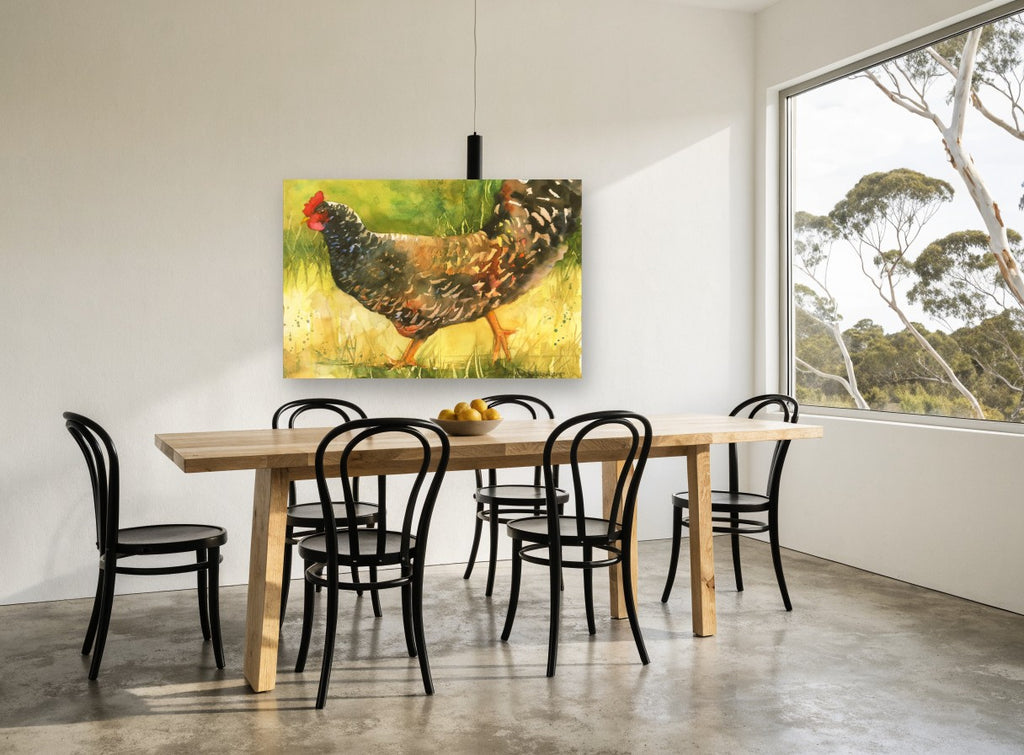 Barred Hen Walking landscape canvas print on the wall of a dining room