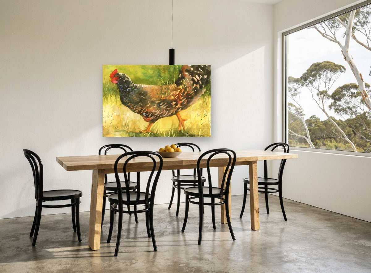Barred Hen Walking landscape canvas print on the wall of a dining room