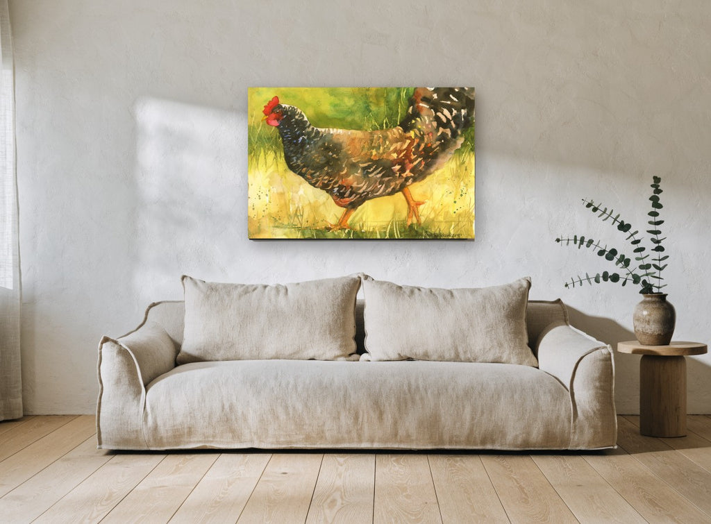 Barred Hen Walking landscape canvas print on the wall of a living room