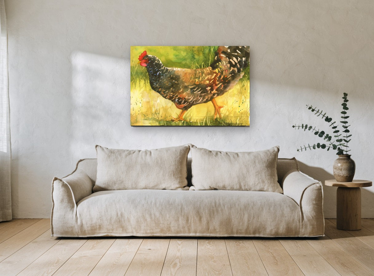 Barred Hen Walking landscape canvas print on the wall of a living room