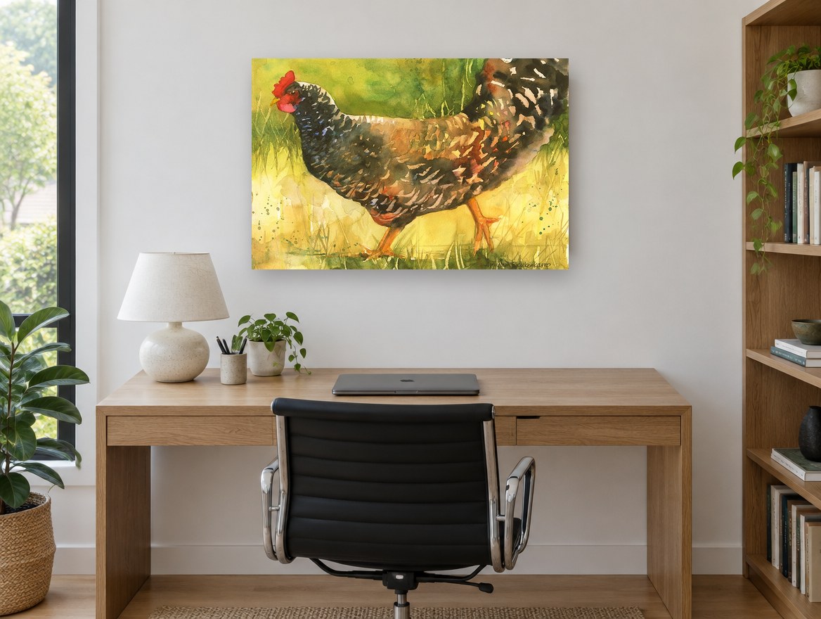 Barred Hen Walking landscape canvas print on the wall of a study