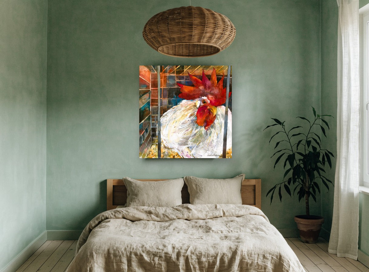 Caged White Rooster animal canvas print on the wall of a bedroom