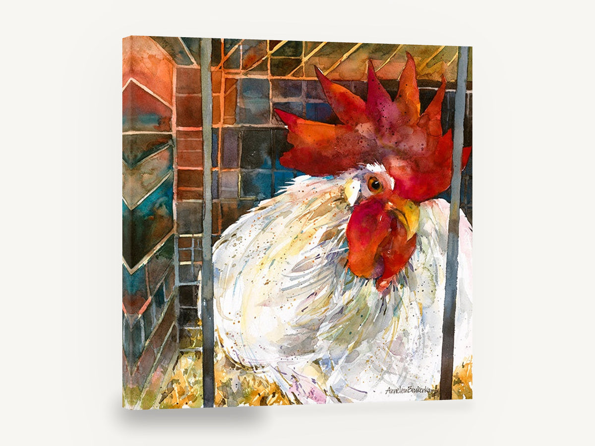 Caged White Rooster, white rooster watercolour portrait, animal canvas wall art print ready to hang