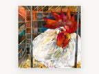 Caged White Rooster, white rooster watercolour portrait, animal canvas wall art print, front view