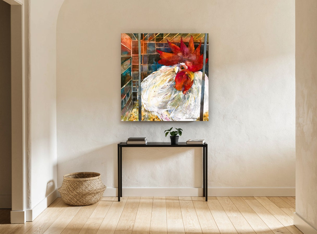 Caged White Rooster animal canvas print on the wall of a hallway