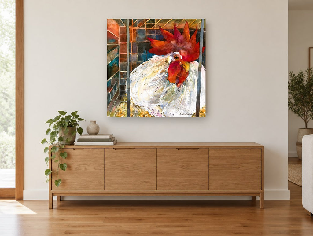 Caged White Rooster animal canvas print on the wall of a living room above a sideboard