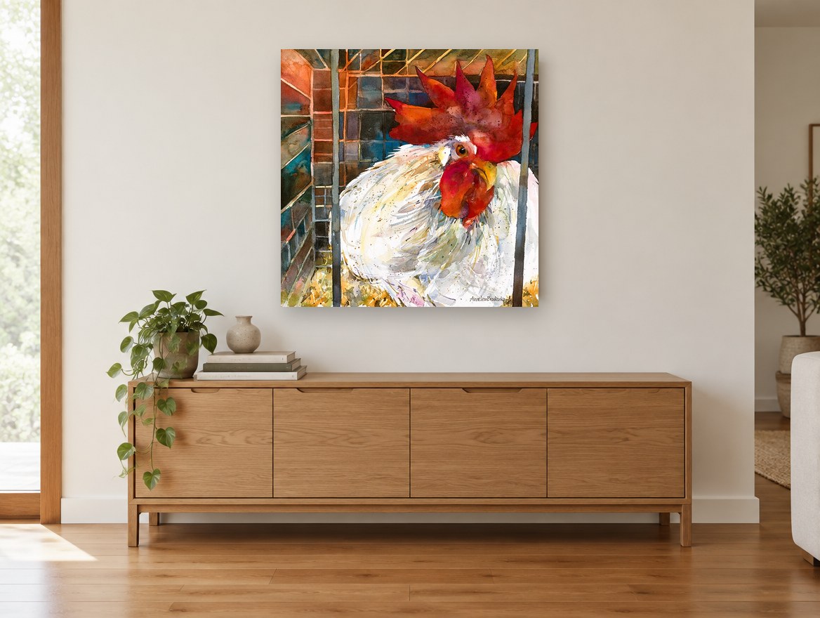 Caged White Rooster animal canvas print on the wall of a living room above a sideboard