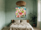 Pink Lily Cluster floral canvas print on the wall of a bedroom
