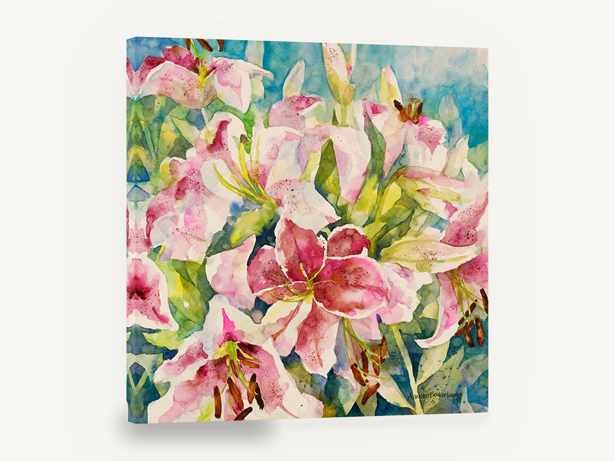Pink Lily Cluster, pink lilies watercolour floral, floral canvas wall art print ready to hang