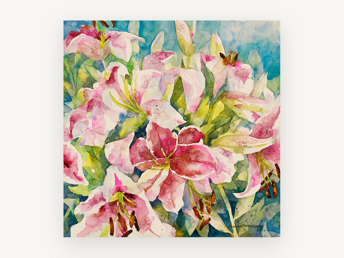 Pink Lily Cluster, floral canvas wall art print, front view